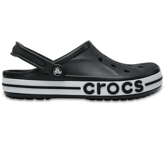Black Crocs Bayaband Clogs featuring a white stripe on the sole, ventilation holes, and \“crocs\“ branding on the side, with an adjustable heel strap for secure fit.
