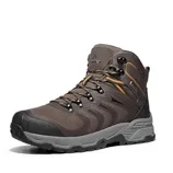 A brown hiking boot with a rugged sole, designed for outdoor activities, featuring detailed lacing and high ankle support.