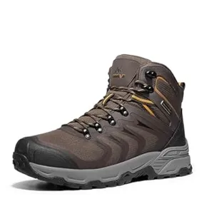 A brown hiking boot with a rugged sole, designed for outdoor activities, featuring detailed lacing and high ankle support.