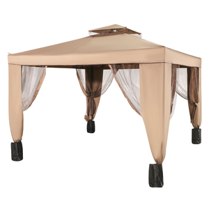 A beige outdoor gazebo with a vented canopy, featuring mesh insect netting curtains and weighted bases on the legs.