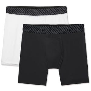 Two pairs of Tommy John Boxer Briefs, one in white and one in black, featuring a black waistband with a repeating Tommy John logo.