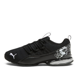Black Puma Riaze Prowl Floral Running Shoes featuring a mesh upper, visible heel cushioning, and floral details on the heel.