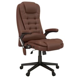 Brown leather executive chair with padded armrests and adjustable height.
