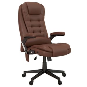 Brown leather executive chair with padded armrests and adjustable height.