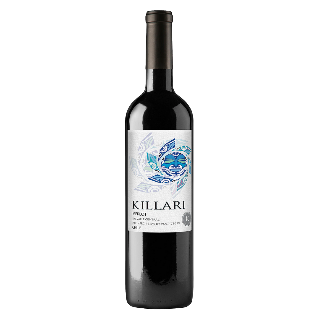 Killari Merlot wine bottle, 2023 vintage, 750ml, 13.5% alcohol by volume, from the Valle Central region in Chile.