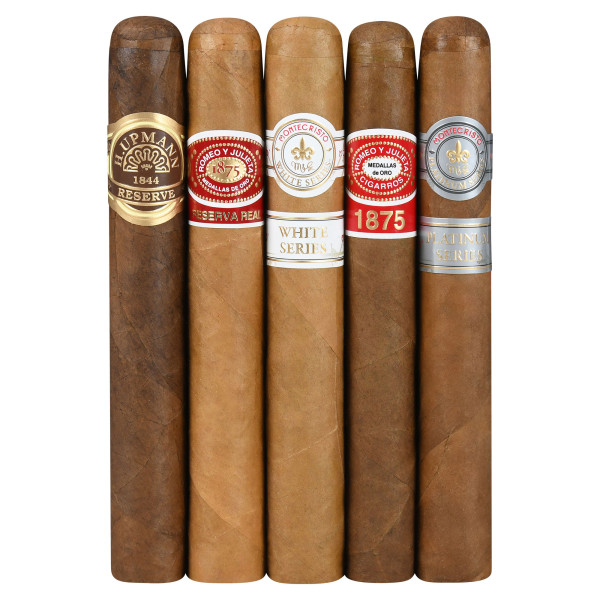 A set of five cigars featuring brands like H. Upmann Reserve, Romeo y Julieta Reserva Real, Montecristo White Series, Romeo y Julieta 1875, and Montecristo Platinum Series, each with distinct labels and colors.