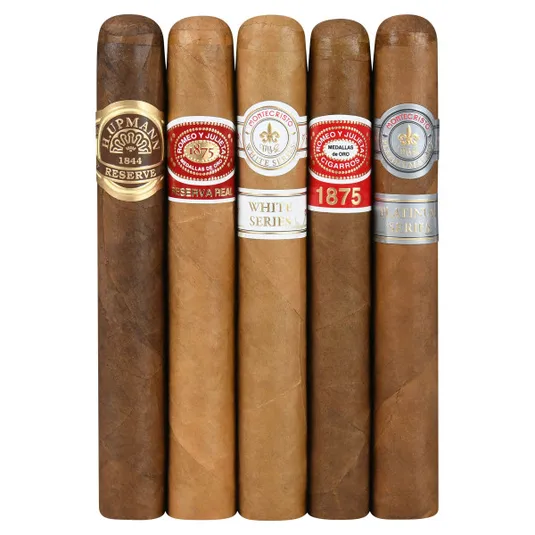 A set of five cigars featuring brands like H. Upmann Reserve, Romeo y Julieta Reserva Real, Montecristo White Series, Romeo y Julieta 1875, and Montecristo Platinum Series, each with distinct labels and colors.