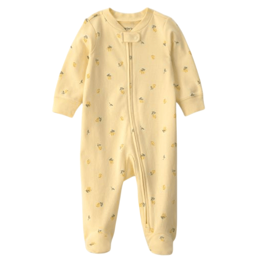 Yellow baby sleeper with small floral prints, featuring long sleeves, footed design, and a front zipper.