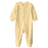 Yellow baby sleeper with small floral prints, featuring long sleeves, footed design, and a front zipper.