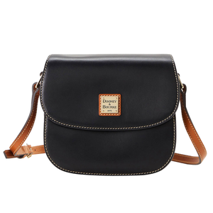 Dooney & Bourke leather saddle crossbody bag in black with brown strap and stitching, featuring a small logo plaque on the front.