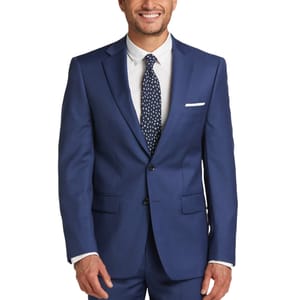 Blue Calvin Klein wool suit featuring a two-button jacket, notch lapels, and a matching slim-cut dress pants. Worn with a white dress shirt and patterned navy tie, it offers a classic and professional look.