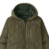 Quilted hooded jacket in olive green featuring a full front zipper and chest pocket with the Patagonia logo.