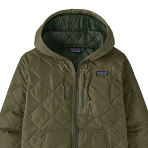 Quilted hooded jacket in olive green featuring a full front zipper and chest pocket with the Patagonia logo.