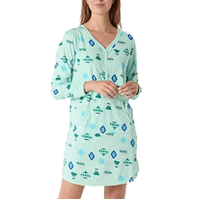 Light blue long-sleeve nightshirt with a V-neck and playful winter-themed patterns, including snowflakes and geometric shapes, offering a cozy and festive look.