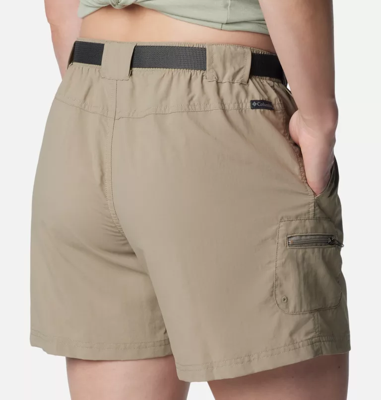 Khaki shorts with elastic waistbands and a side zipper pocket, branded by Columbia.