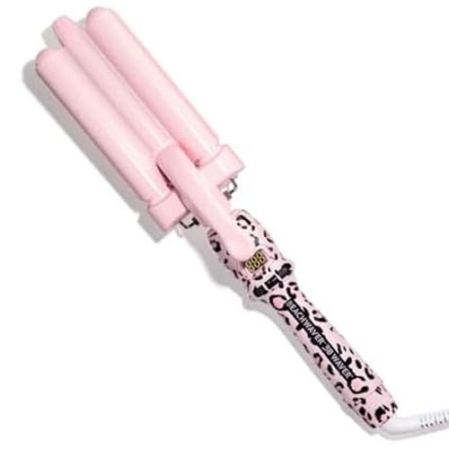 A pink triple-barrel hair waver with a leopard print handle, designed for creating waves and curls.