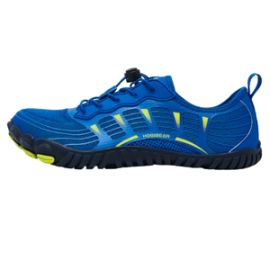 Blue athletic shoe with yellow accents, featuring a black sole and elastic shoelaces with a toggle.