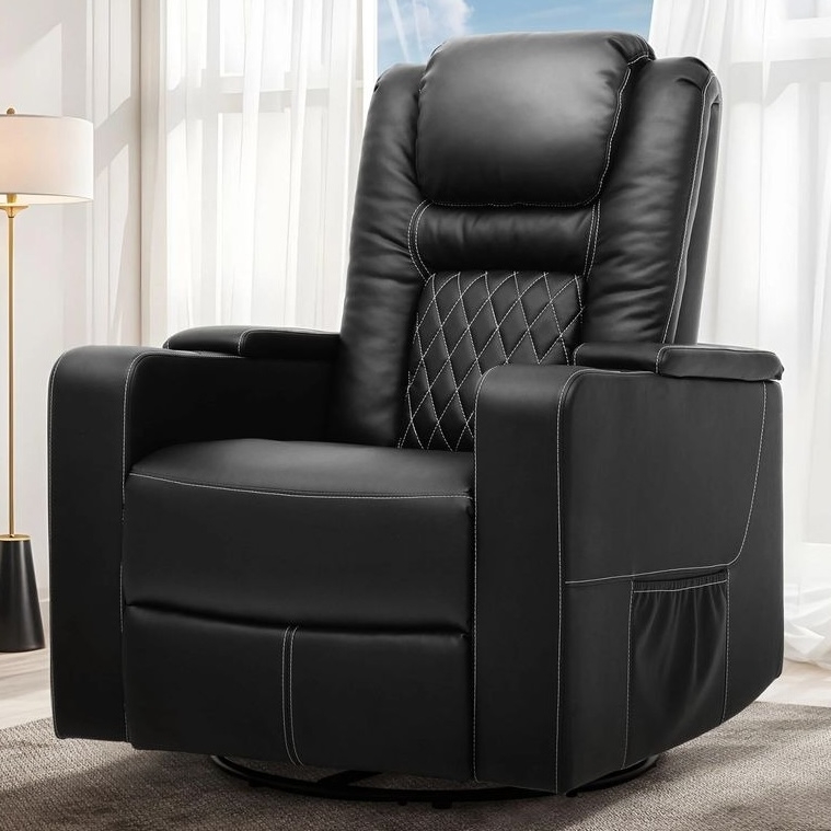 A black reclining chair with plush upholstery and diamond-patterned stitching on the backrest, set in a well-lit room with a window and a floor lamp in the background.