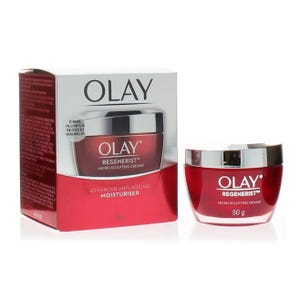 Olay Regenerist Micro-Sculpting Cream is an anti-ageing moisturizer designed to firm, plump, and reduce wrinkles. The package includes a 50g jar alongside a matching box, both featuring a red and silver design.
