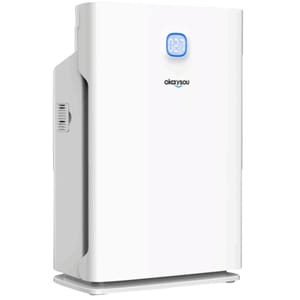 Okay AirMax 10L is a sleek, white HEPA air purifier featuring a digital display that shows air quality levels. It is designed to improve indoor air by filtering pollutants, allergens, and odors.