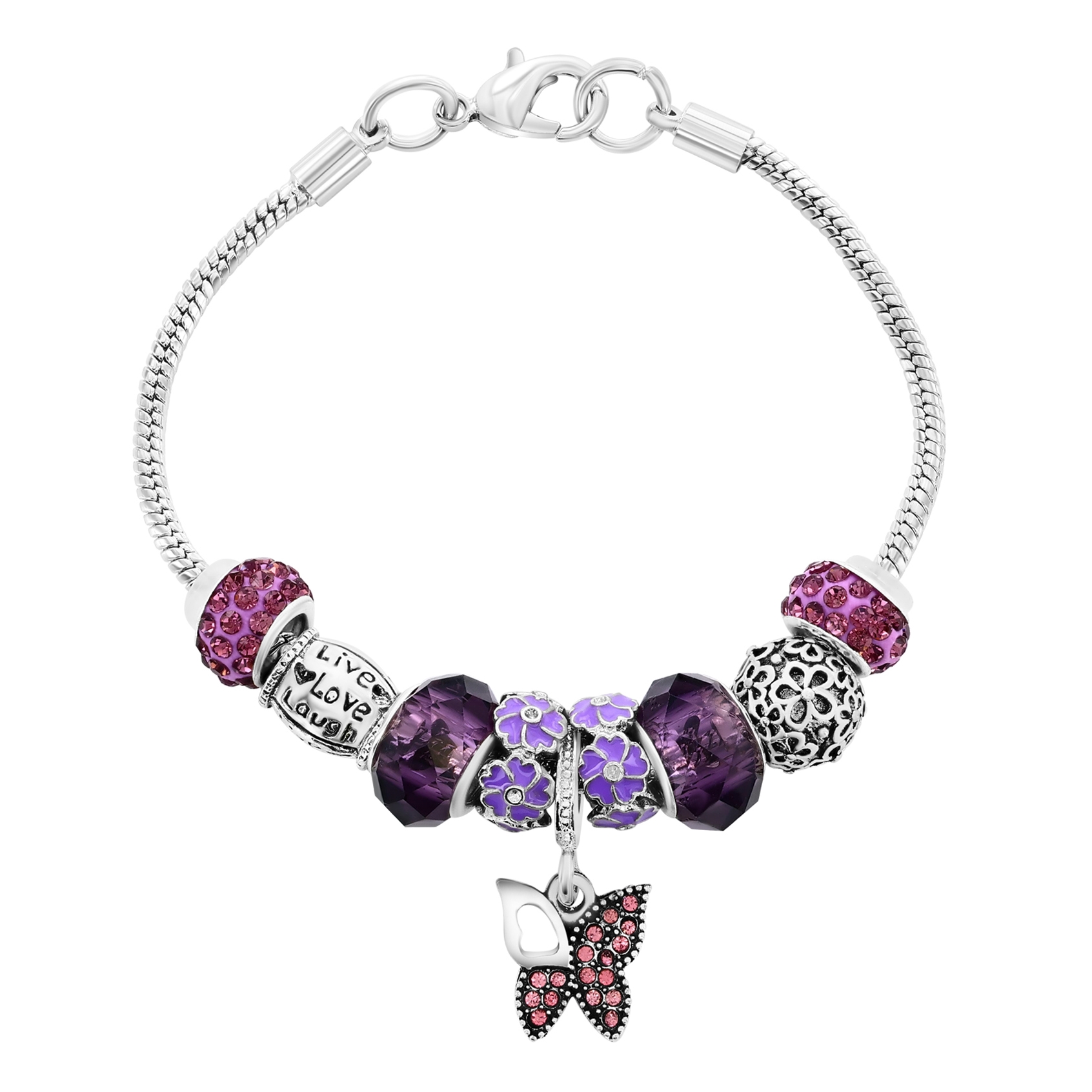 A silver bracelet adorned with purple and pink beads, featuring a \“Live Love Laugh\“ charm and a butterfly pendant.