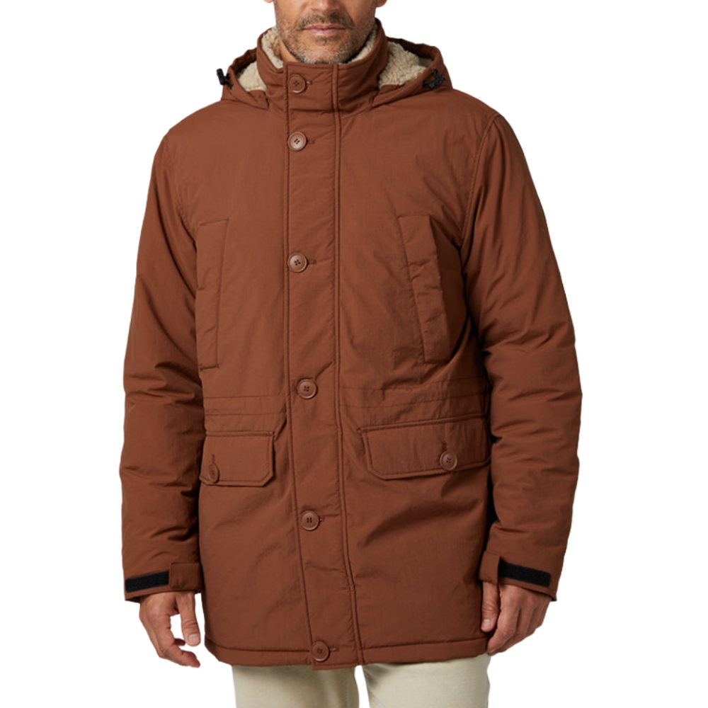 A brown hooded winter coat with a button closure, sherpa lining, and large front pockets, suitable for cold weather.