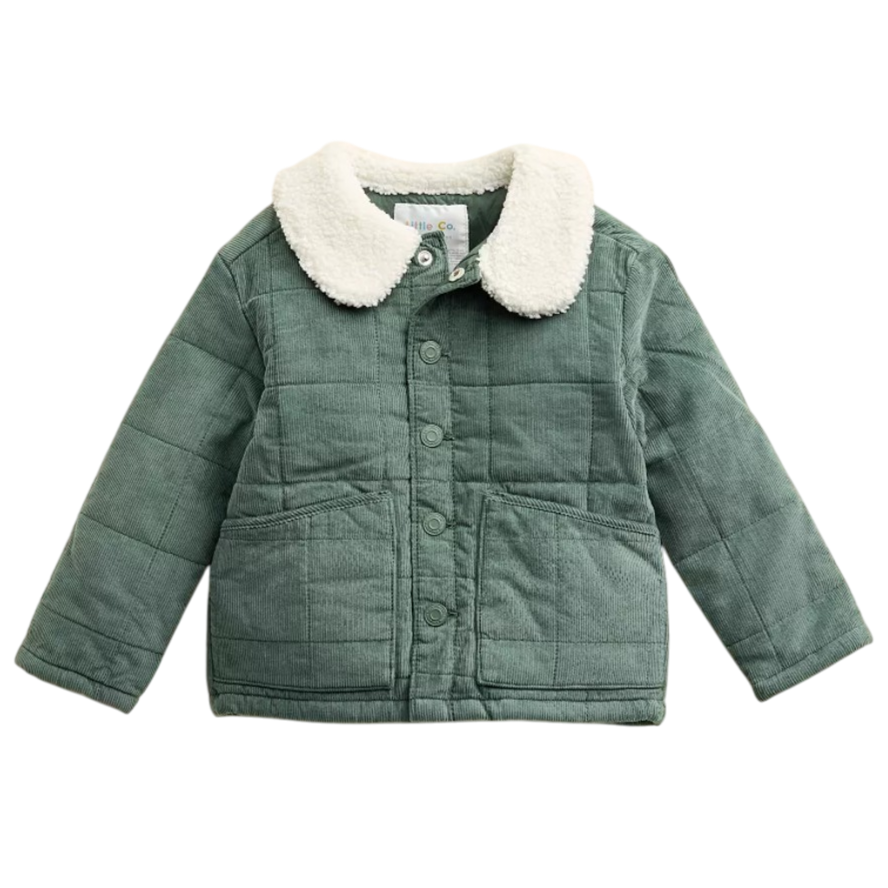 A green, quilted jacket for children featuring a white, fluffy collar and button closure, designed for warmth and style.