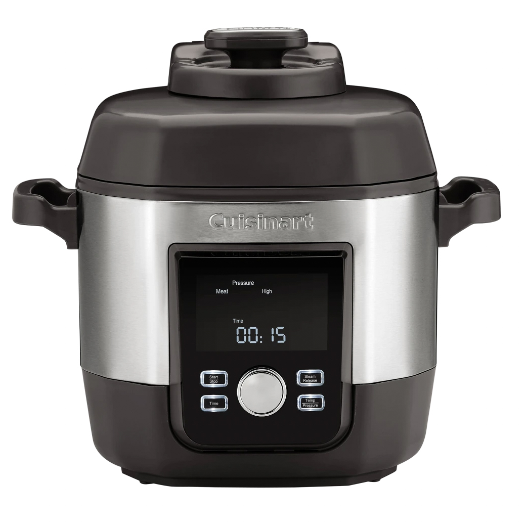 Cuisinart electric pressure cooker featuring a digital display, control buttons, and a dial for time and temperature settings.
