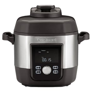 Cuisinart electric pressure cooker featuring a digital display, control buttons, and a dial for time and temperature settings.