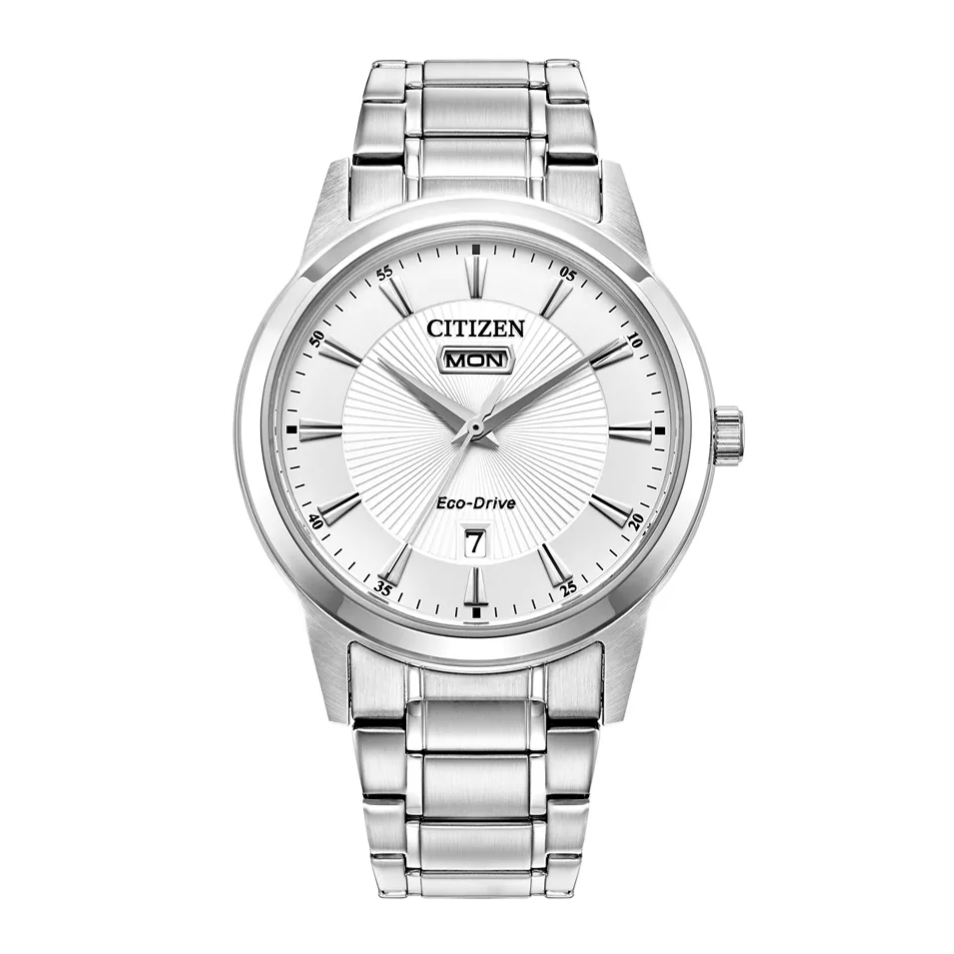 A Citizen Eco-Drive watch with a silver stainless steel band, silver dial, and day-date display.