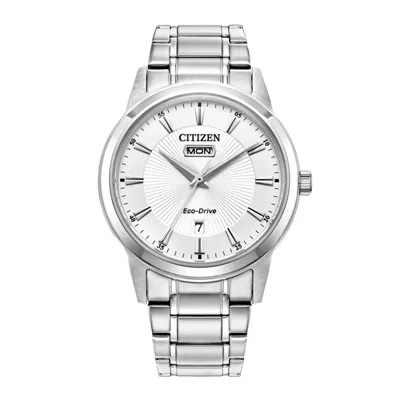 A Citizen Eco-Drive watch with a silver stainless steel band, silver dial, and day-date display.