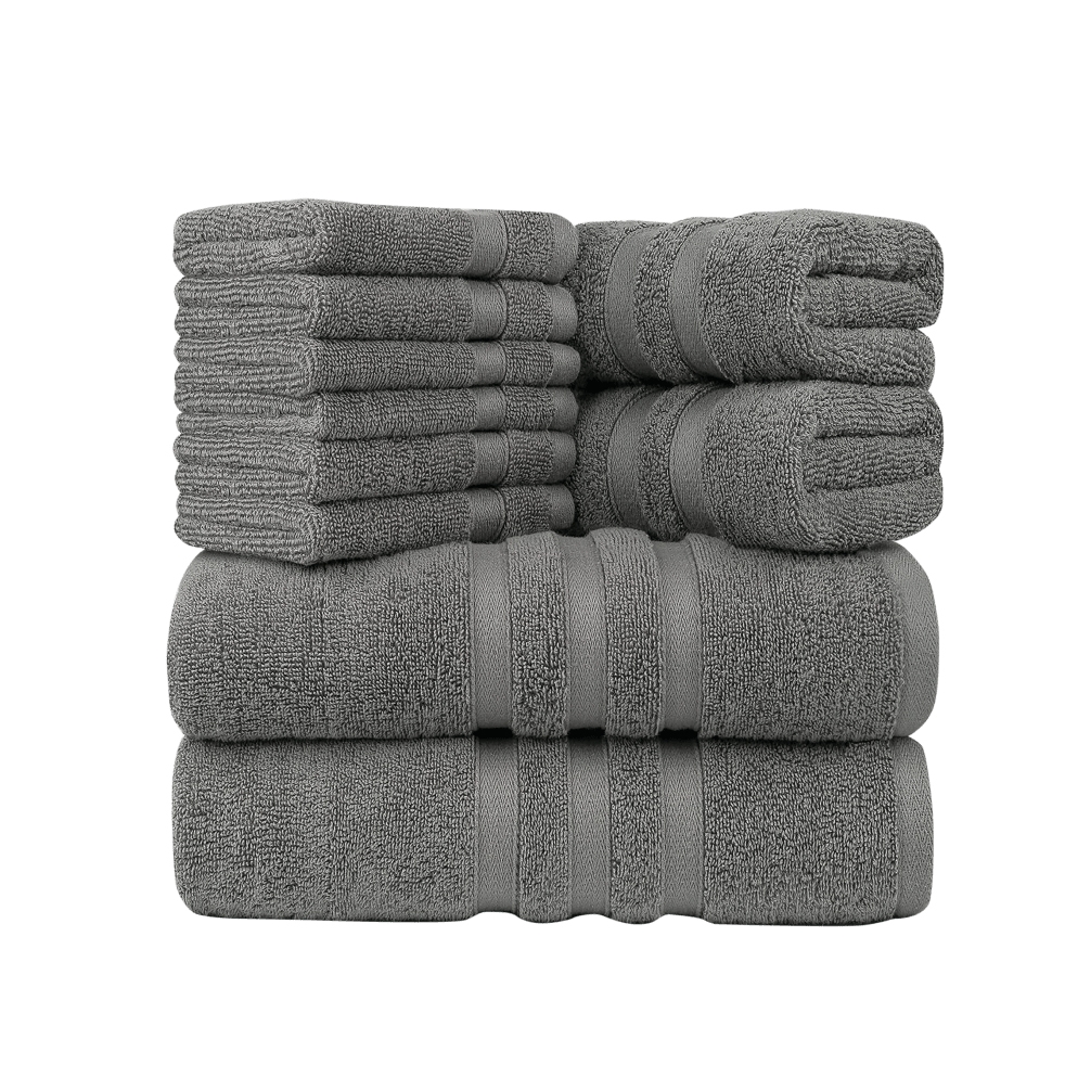 A set of 10 gray cotton towels, arranged in stacks, including larger bath towels, hand towels, and washcloths.
