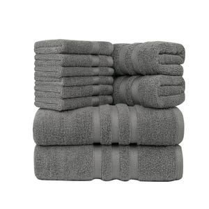 A set of 10 gray cotton towels, arranged in stacks, including larger bath towels, hand towels, and washcloths.