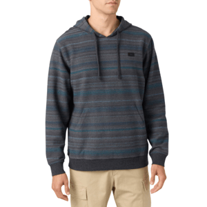 A man wearing a hooded, striped sweater with dark tones and beige cargo pants.