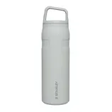 A white Stanley water bottle with a handle on the lid features a simple cylindrical design and subtle branding.