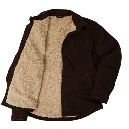 A brown corduroy shirt with a beige sherpa lining, featuring a button front, cuffed sleeves, and a chest pocket on the left side.