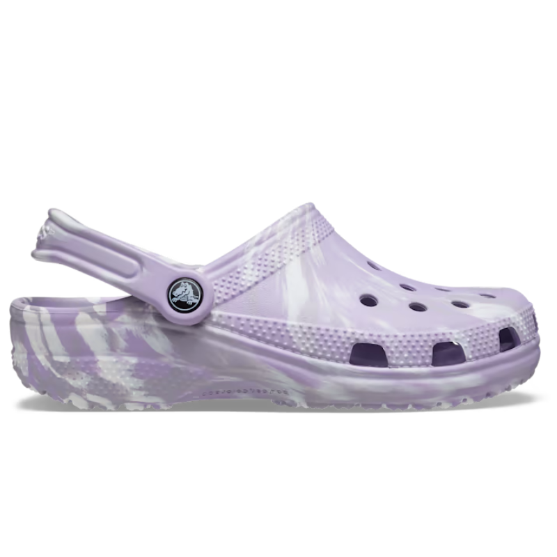 Classic Marbled Clogs in a lavender and white marbled pattern featuring ventilation ports, a pivoting heel strap for a secure fit, and a cushioned sole for comfort.