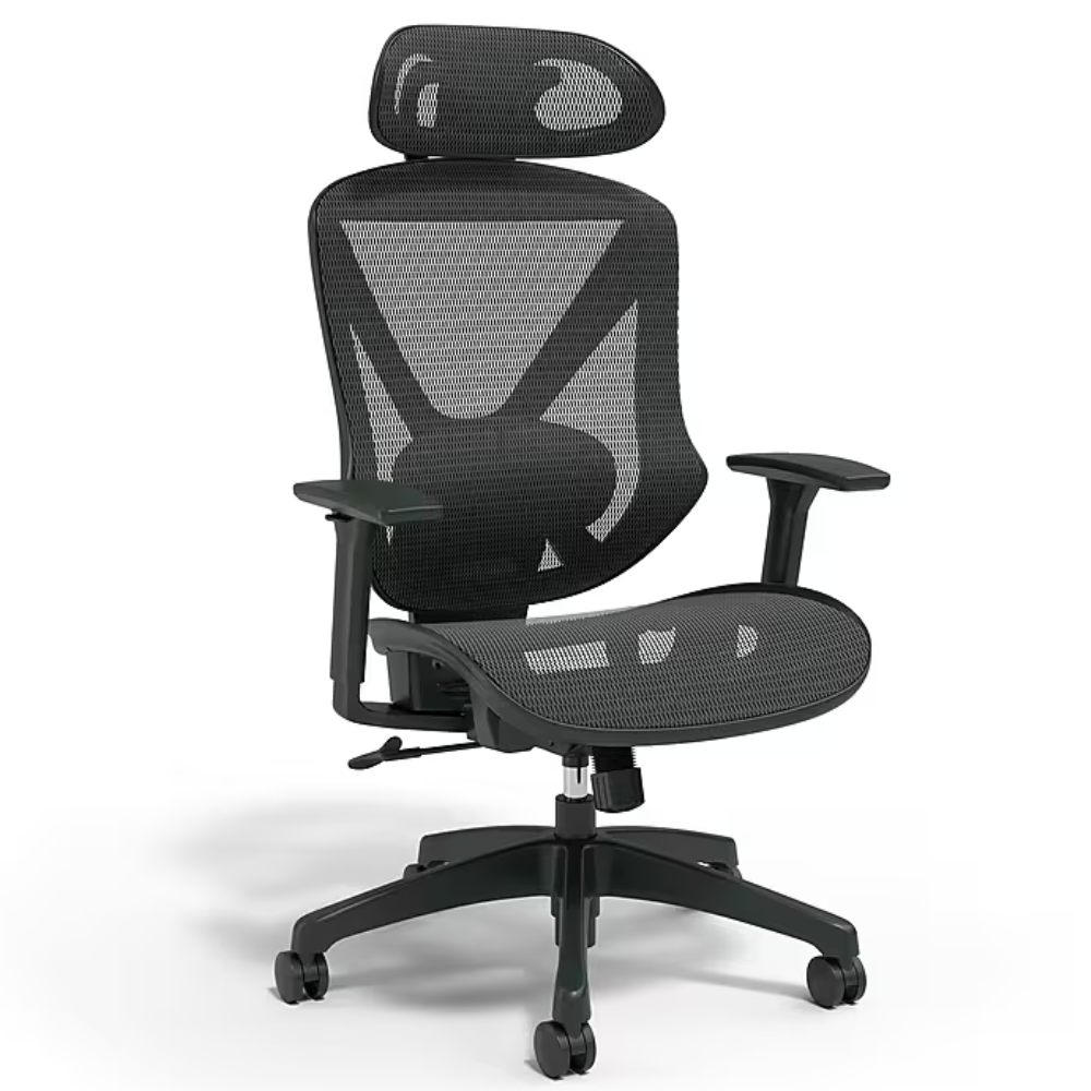 Ergonomic office chair with adjustable headrest, mesh back, and seat for better airflow. Features include adjustable armrests and a wheeled base.