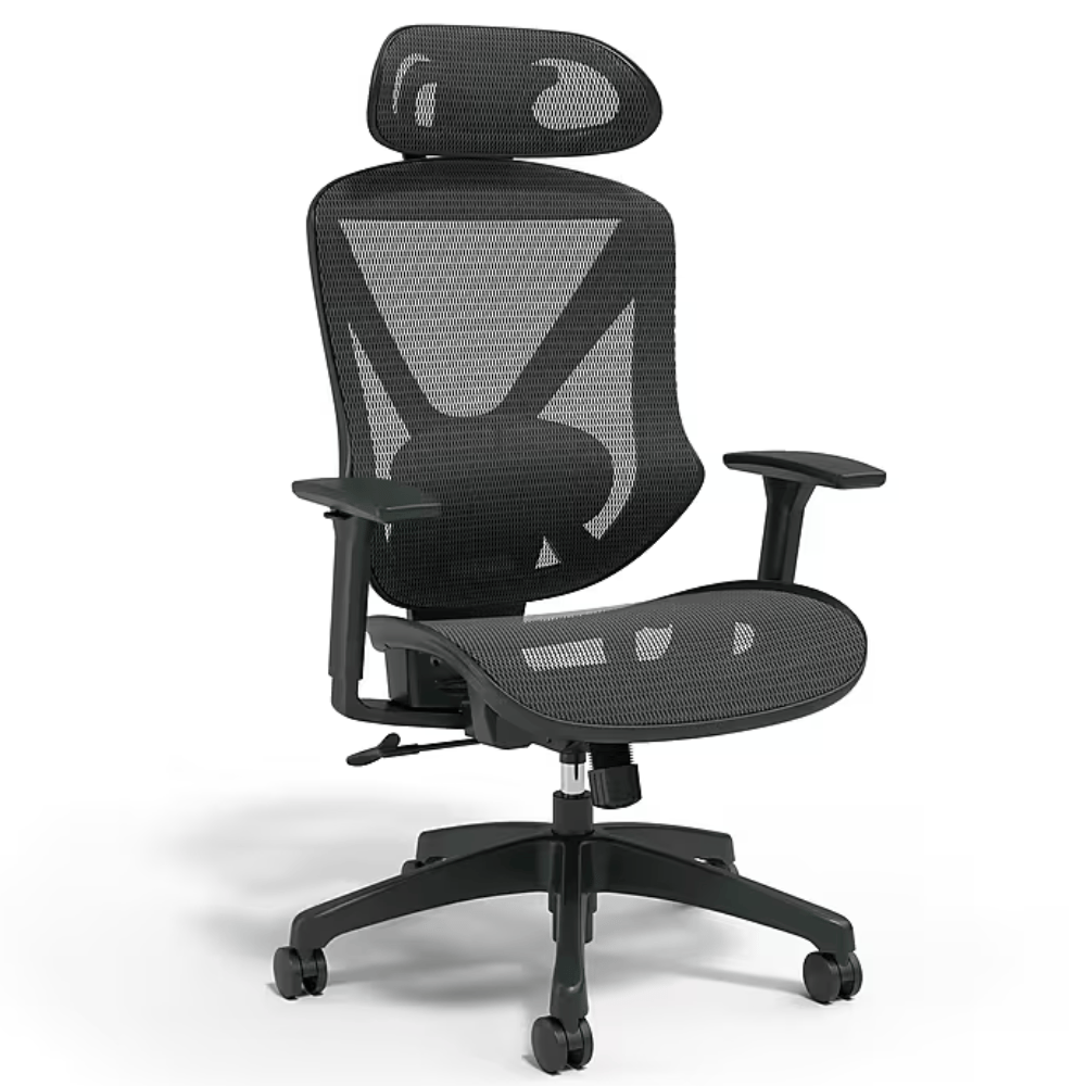 Ergonomic office chair with adjustable headrest, mesh back, and seat for better airflow. Features include adjustable armrests and a wheeled base.