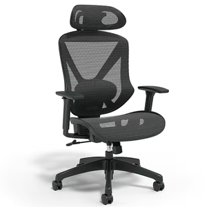 Ergonomic office chair with adjustable headrest, mesh back, and seat for better airflow. Features include adjustable armrests and a wheeled base.