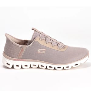 Light pink athletic sneaker with a flexible, white segmented sole and subtle logo on the side.