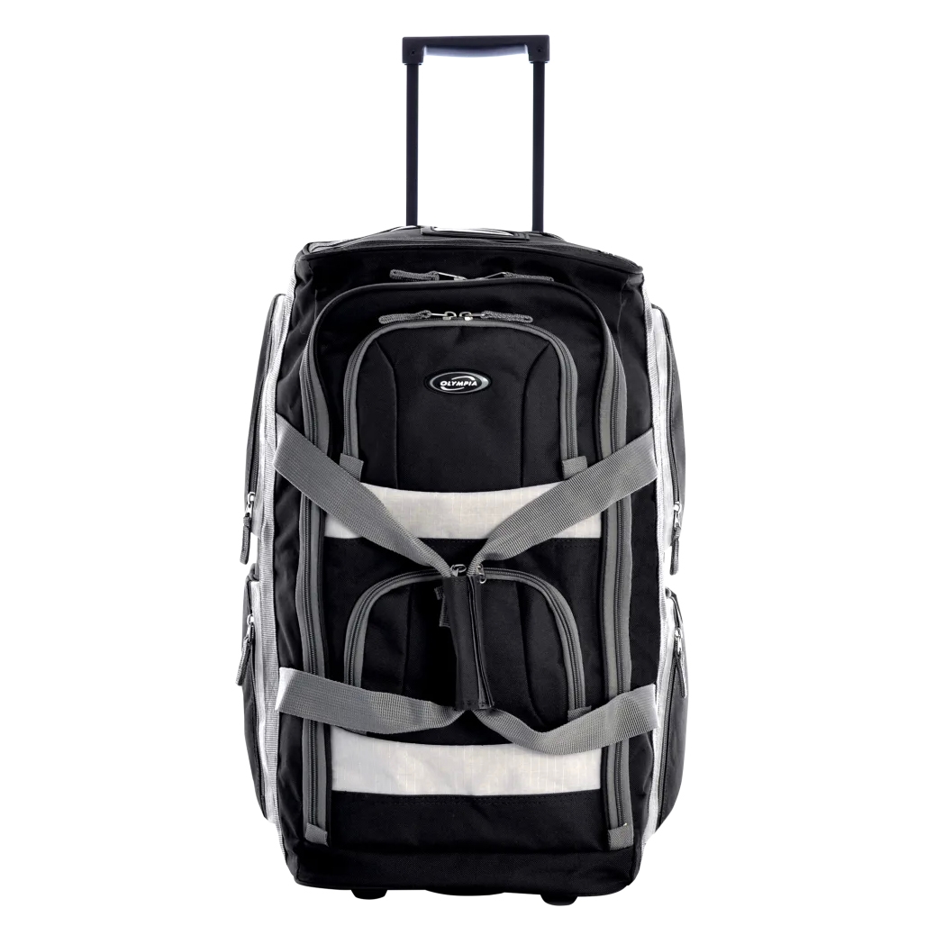 A black and gray wheeled duffel bag with multiple compartments, zipper closures, and adjustable straps, featuring a telescopic handle for easy transport.