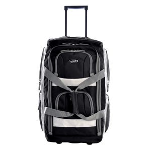 A black and gray wheeled duffel bag with multiple compartments, zipper closures, and adjustable straps, featuring a telescopic handle for easy transport.