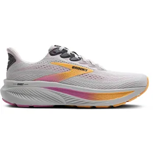 A Brooks running shoe with a gray mesh upper, pink and orange accents, and the word \“GHOST\“ on the sole, designed for comfort and support.