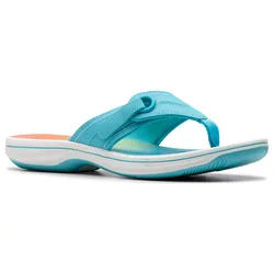 A turquoise, slip-on thong sandal with a cushioned footbed and white and turquoise sole, designed for comfort and casual wear.