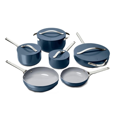 A six-piece cookware set featuring two frying pans, two saucepans, and two Dutch ovens with lids, all in a blue color with stainless steel handles.