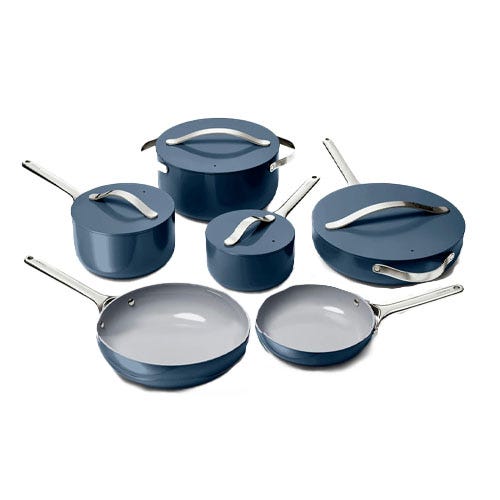 A six-piece cookware set featuring two frying pans, two saucepans, and two Dutch ovens with lids, all in a blue color with stainless steel handles.