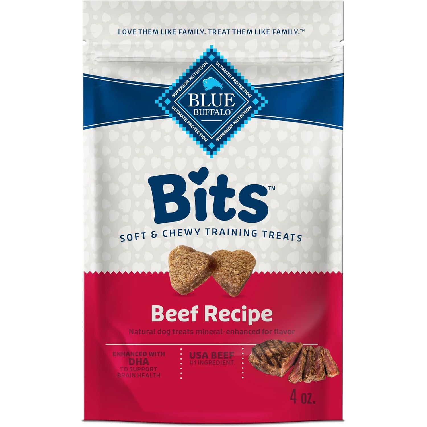 Blue Buffalo Bits are soft and chewy training treats with a beef recipe, featuring USA beef as the primary ingredient and enhanced with DHA for brain health. The package is 4 oz.