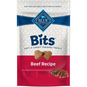 Blue Buffalo Bits are soft and chewy training treats with a beef recipe, featuring USA beef as the primary ingredient and enhanced with DHA for brain health. The package is 4 oz.