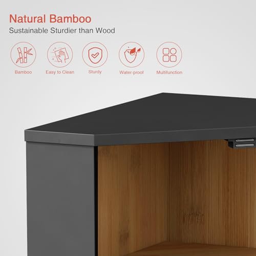 Natural bamboo corner shelving unit, advertised as sustainable, easy to clean, sturdy, water-proof, and multifunctional.